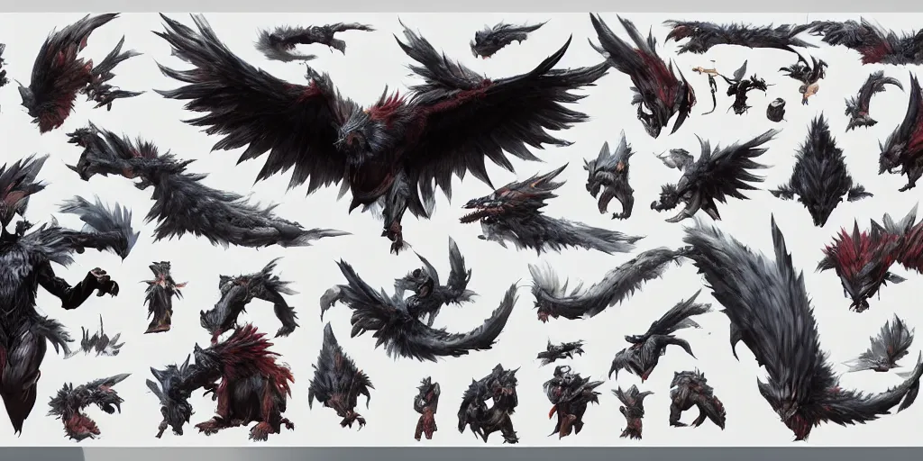 Image similar to Azure feathered winged wolf character design sheet, Monster Hunter Illustrations art book, big claws, huge wings, long tail, Moebius, Greg Rutkowski, Zabrocki, Karlkka, Jayison Devadas, Phuoc Quan, trending on Artstation, 8K, ultra wide angle, zenith view, pincushion lens effect.