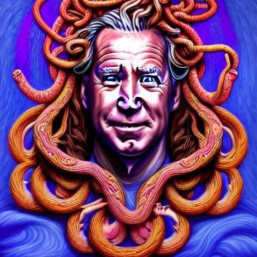 Image similar to an extremely psychedelic portrait of joe biden as medusa, surreal, lsd, face, detailed, intricate, elegant, lithe, highly detailed, digital painting, artstation, concept art, smooth, sharp focus, illustration