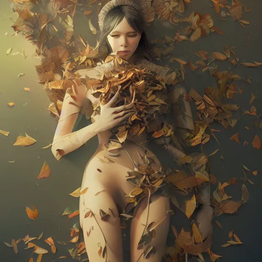 Prompt: a highly detailed digital image of a futuristic woman elegantly wrapped with leaves, artstation, extremely detailed woman, stunning volumetric lighting, hyper realism, fantasy 4k, art by Janice Sung