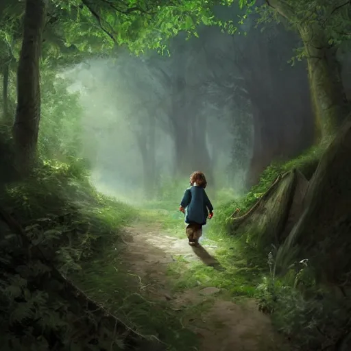 Prompt: a young hobbit with short hair and a dark green cloak hiking through the forest, trending on artstation, realistic, detailed, by Tony Sart