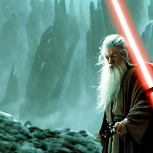 Image similar to gandalf fighting with a lightsaber in the star wars universe, dramatic lighting,