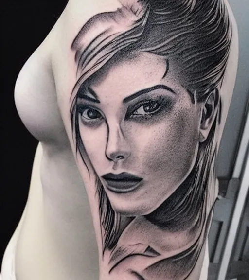 Image similar to tattoo design sketch of an extremely beautiful woman face with a faded background of stunning mountain view on her side, hyper - realistic, in the style of matteo pasqualin, amazing detail, black and white, faded