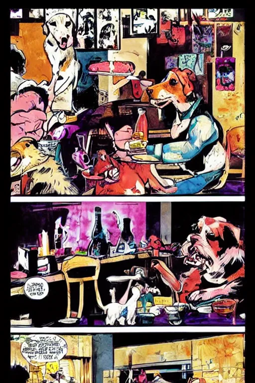 Image similar to happy dogs eating pizza, graphic novel, high contrast, by bill sienkiewicz