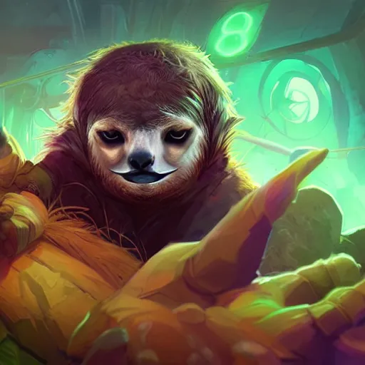 Image similar to lazy sloth as dota 2 character, digital illustration portrait design, by android jones and greg rutkowski, retrowave color scheme, detailed, cinematic lighting, wide angle action dynamic portrait