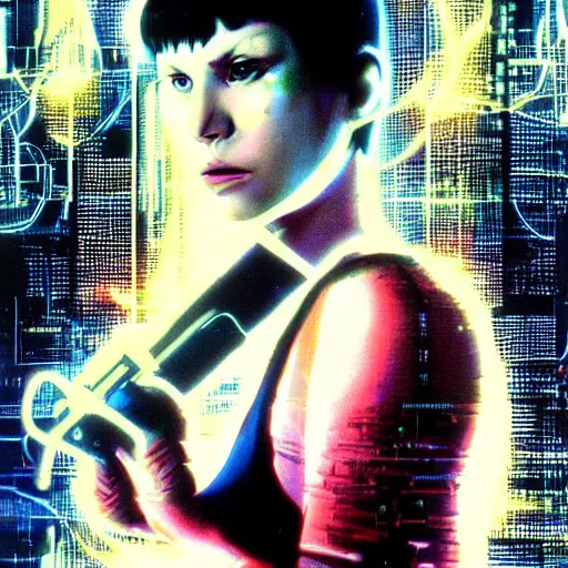 Prompt: Molly from the novel Neuromancer, eye implants, portrait shot, cyberpunk, movie still, poster art by Drew Struzan