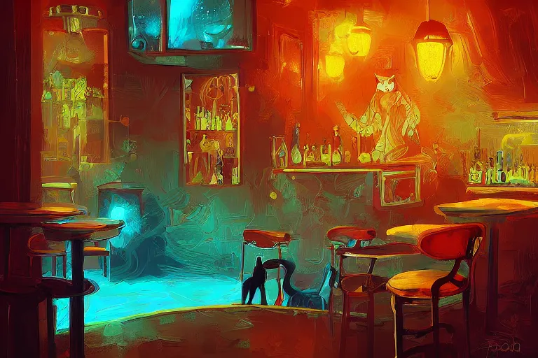 Prompt: a digital art of close up of a cat sits on a chair in a bar, animal, light effect, highly detailed, by anton fadeev