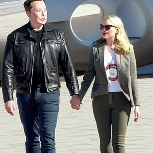 Image similar to elon musk and margot robbie holding hands on mars, highly detailed, hyper realistic