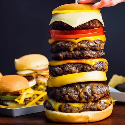 Image similar to a cheeseburger tower made of gigantic stacks of meat patties and cheese slices with a bun on each side, delicious looking burger - stack - tower