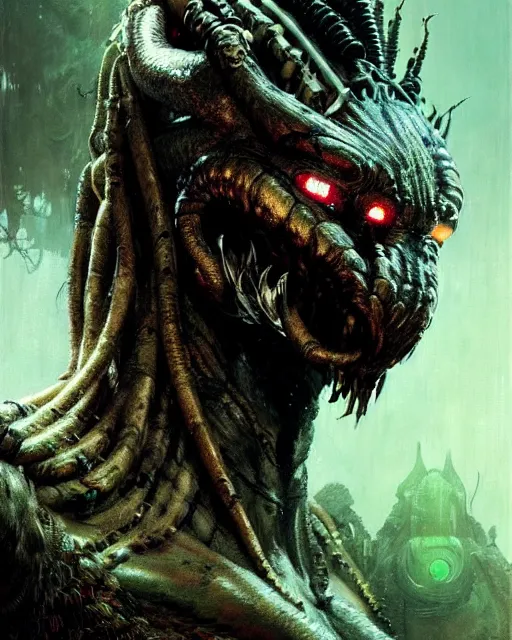 Image similar to a portrait of the predator fantasy character portrait, ultra realistic, cinematic, concept art, wide angle, intricate details, hologram, highly detailed by greg rutkowski, aaron horkey, gaston bussiere, craig mullins, simon bisley, arthur rackham