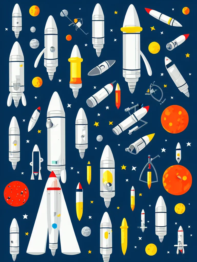 Image similar to editorial illustration scientific lab test tube telescope microscope astronaut rocket, colorful modern, mads berg