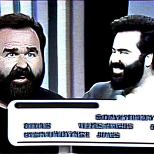 Image similar to Billy Mays hosting Jeopardy, VHS tape footage, 1991, the set of Jeopardy, The game shoe Jeopardy!!