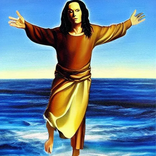 Image similar to tommy wiseau walking on water with jesus, biblical, oil painting, sunny, beautiful