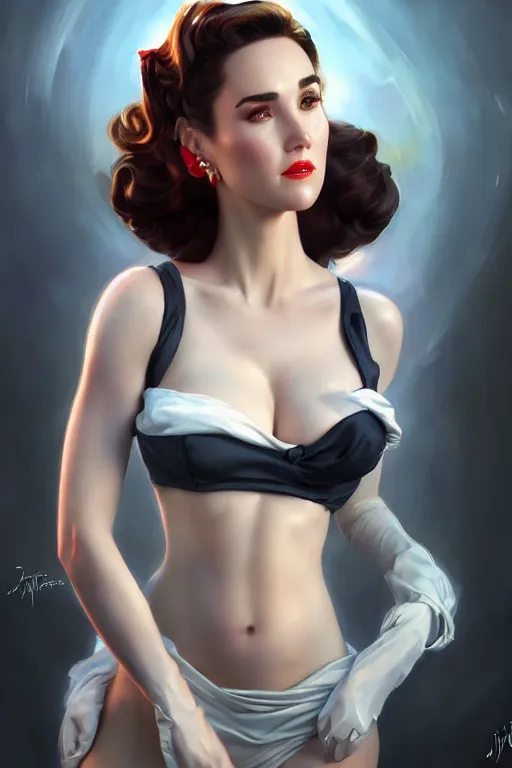 Image similar to a pin up and beautiful fashion charming dreamlke jennifer connelly, character art, art by artgerm lau and wlop and and ilya kuvshinov and john singer sargent, hyperdetailed, 8 k realistic, symmetrical, frostbite 3 engine, cryengine, dof, trending on artstation, digital art