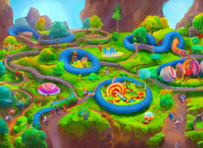 Image similar to enviroment design for a biome for candy kids game, zoo park, top angle, oil painting by jama jurabaev, extremely detailed, brush hard, artstation, for aaa game, high quality, brush stroke