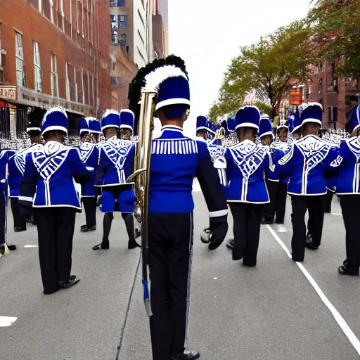 Prompt: a marching band with black and blue uniforms marching through New York city