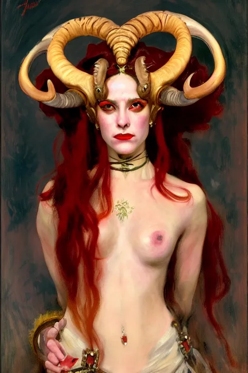 Image similar to painted close - up portrait of a attractive red - skinned intimidating demon girl with ram horns! oil painting, wearing a noblewoman's outfit, fantasy art by john singer sargent and gaston bussiere, and guillermo del toro, demon noble character design, hd