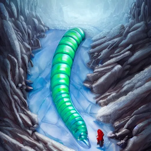 Image similar to giant jello worm in a icy desert, ice, snow, cold, by the tony sart, artstation