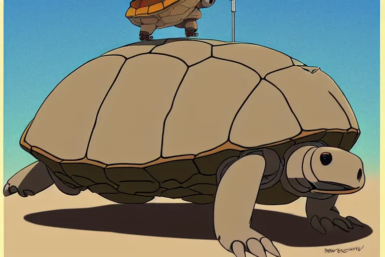 Image similar to a study of a cell shaded cartoon of a beige mechanical tortoise from howl's moving castle ( 2 0 0 4 ), at a gas station, full body, wide shot, very muted colors, post grunge, studio ghibli, laurie greasley, highly detailed, deviantart, art by artgem