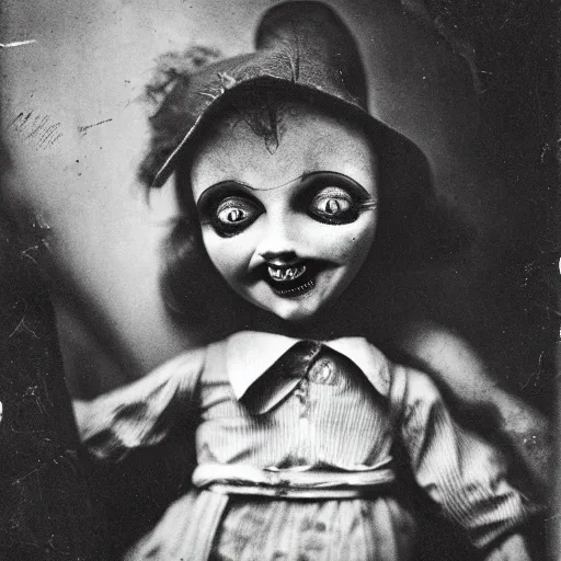 Image similar to ventriloquist doll smiling, ventriloquist dummy, photo, surrealistic, creepy, dark, epic, cinematic, style of atget, detailed