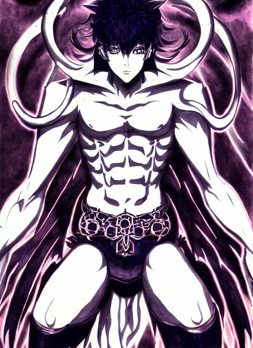 Image similar to shin megami tensei art of a demon called gigachad, art by kazuma kaneko, demonic! compedium!, law aligned, digital drawing, white background, very high quality, very highly detailed