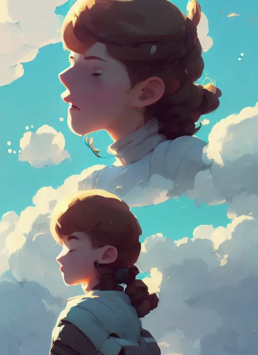 Image similar to portrait of cute maiden girl cowered, cloud sky background, by atey ghailan, by greg rutkowski, by greg tocchini, by james gilleard, by joe gb fenton, by kaethe butcher, dynamic lighting, gradient light blue, brown, blonde cream and white color in scheme, grunge aesthetic