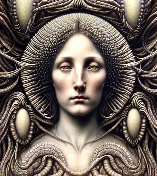 Image similar to detailed realistic beautiful anodized goddess face portrait by jean delville, gustave dore, iris van herpen and marco mazzoni, art forms of nature by ernst haeckel, art nouveau, symbolist, visionary, gothic, neo - gothic, pre - raphaelite, fractal lace, intricate alien botanicals, biodiversity, surreality, hyperdetailed ultrasharp octane render