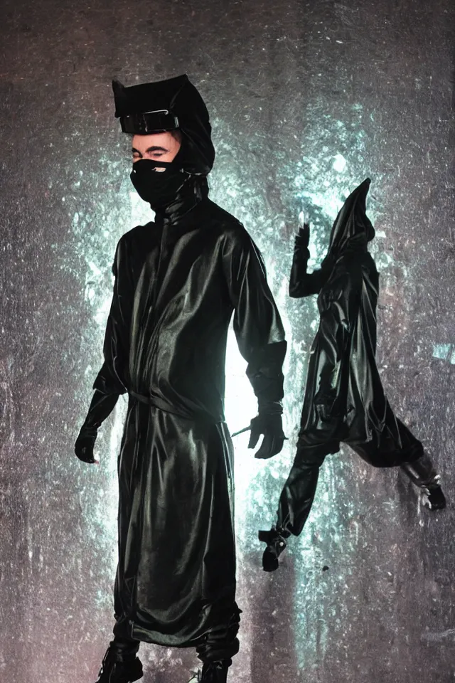 Image similar to androgynous ninja shaman tunic made of latex, radio goggles, techwear, iridiscent fabric, cinematic lighting at night, wet floors, neon, phil hale, masterpiece