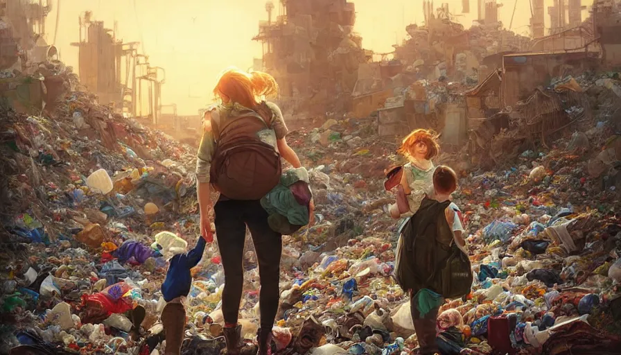 Image similar to mom with child wearingbackpack exploring the garbage dump, city is pure wasteland, sunset in background, detailed characters, alphonse mucha, greg rutkowski, trending on artstation, artgerm, breathtaking, sharp focus, smooth, mark arian, award winning, highly detailed 4 k art