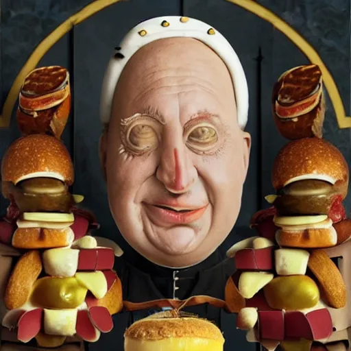 Prompt: a amazing new surrealist hybrid of the pope mixed with an anthropomorphic cheeseburger made of the popes face by kandinskali and catrin welz - stein, melting cheese, steamed buns, grilled artichoke, sliced banana, salami, milk duds, licorice allsort filling