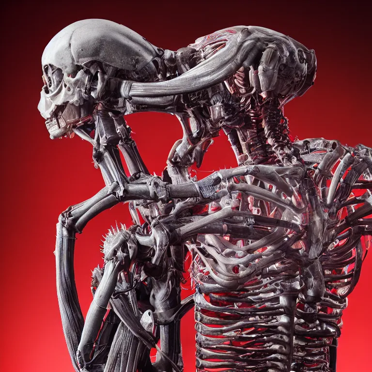 Prompt: Hyperdetailed photograph of a quadrapedal biomechanical alien exoskeleton. dark backdrop, single point red-tinted lighting, Sigma 50mm, f/2.8, ISO 400, H.R Giger