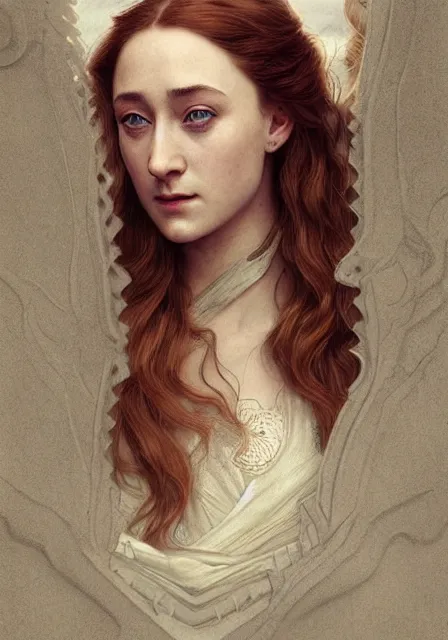 Image similar to sansa saoirse ronan, intricate, elegant, highly detailed, digital painting, artstation, concept art, smooth, sharp focus, illustration, art by artgerm and greg rutkowski and alphonse mucha and william - adolphe bouguereau