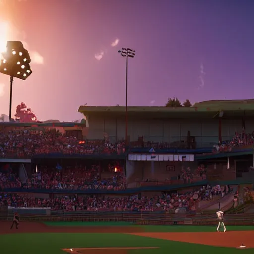Prompt: disney pixar render of an aberration in the fabric of reality above a little league baseball game, tearing reality apart, everyone looks up at the sky, cinematic lighting