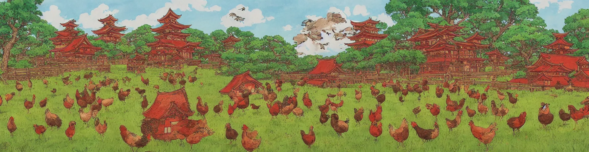 Image similar to big red and brown japanese fort in a meadow with chickens by studio ghibli painting