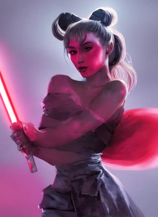 Image similar to Photo of Sith Ariana Grande with a red light saber, Star Wars concept art, trending on artstation, dramatic lighting, photo-realistic