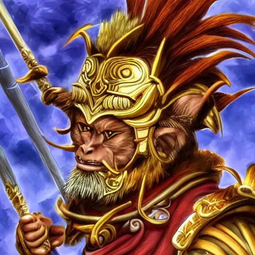 Image similar to a fantasy game portrait of the monkey king. the monkey king has a determined expression and is holding a golden staff. highly detailed and trending on art station.