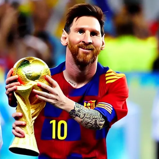 Image similar to Lionel Messi holding the Fifa World Cup