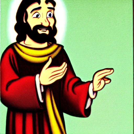 Prompt: jesus christ talking on old phone, old disney cartoon style