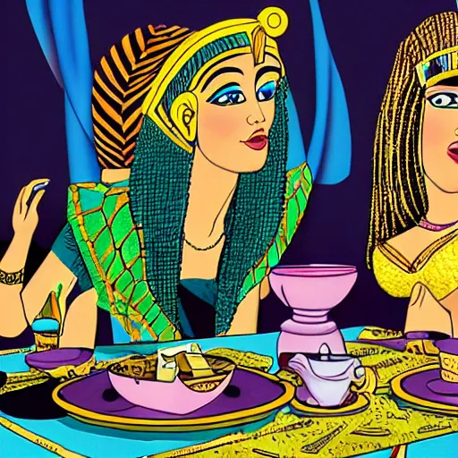 Prompt: Cleopatra and a Nile crocodile tea party, style of Hannah Barbera cartoons