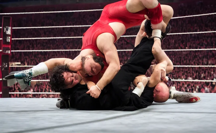 Image similar to Karl Marx performing german suplex on Friedrich Nietsche in 2014 WWE championship match, sports photo, Canon EOS 5D Mark 2, ƒ/5.6, focal length: 160.0 mm, Exposure time: 1/160, ISO: 1600