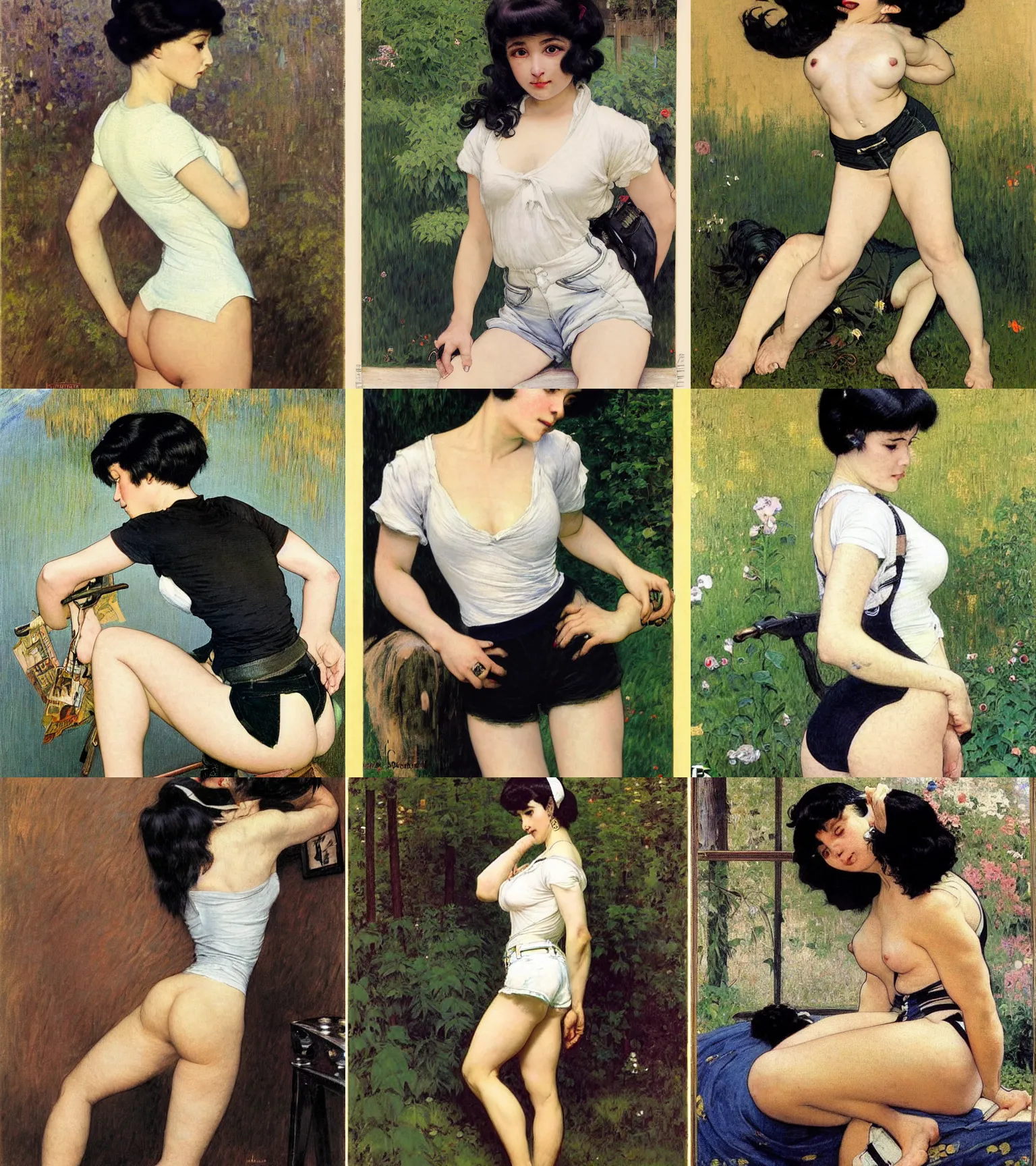 Prompt: a woman with black hair and long pixie haircut in shorts with suspenders and white t-shirt drawn by frank frazetta, gustave caillebotte, Alexandre Cabanel, norman rockwell, hajime sorayama, maler collier, peter paul rubens, alphonse mucha, gustav klimt 4k, unreal 5, DAZ, french noveau, trending on artstation, octane render, hyperrealistic