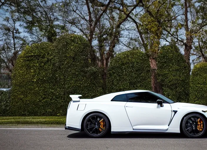 Image similar to 105mm photograph f1.8 full view mid distance front side view white Nissan GT-R showroom beautiful lighting from 2022