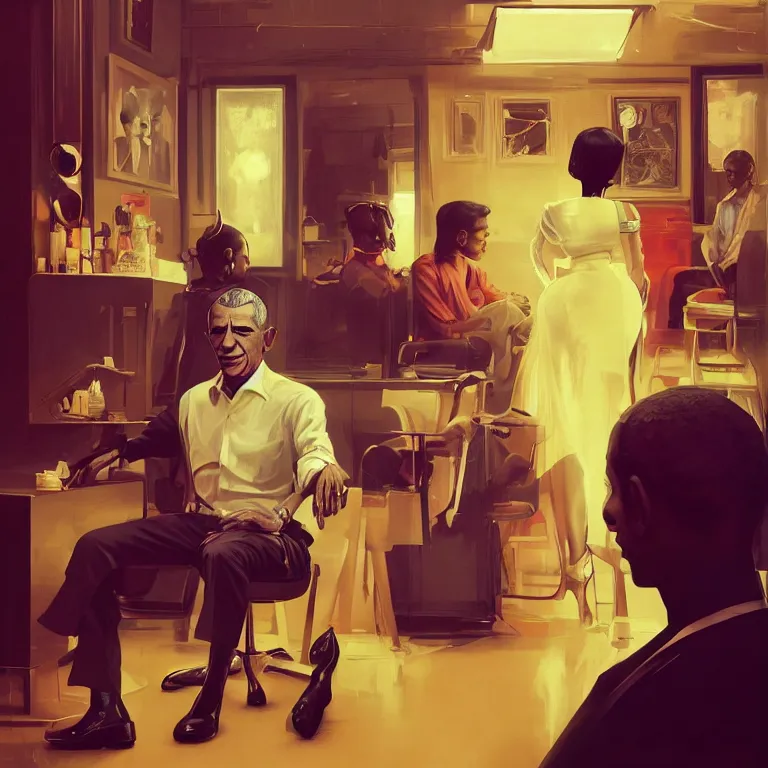 Prompt: tritone 1 9 6 0 s concept illustration portrait of nicki minaj sitting next to barack obama in a barbershop. cinematic scene. volumetric lighting. golden ratio accidental renaissance. by sachin teng and sergey kolesov and ruan jia and heng z. graffiti art, scifi, fantasy, hyper detailed. octane render. concept art. trending on artstation.