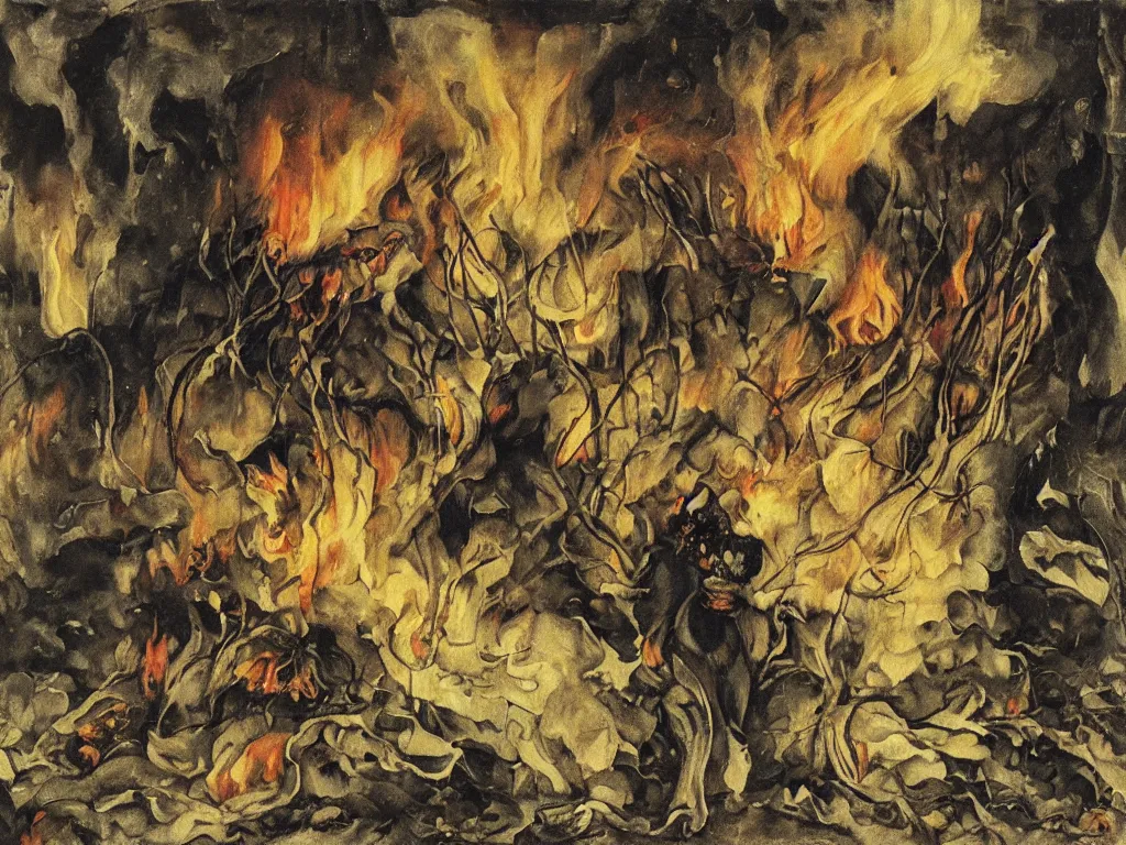 Image similar to Woman setting fire to an old wooden house full of cloth, books, wilted flowers. Ivy and thunderstorm. Painting by Otto Dix, Hans Baldung Grien.