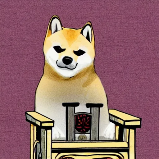 Image similar to a shiba inu sitting on a medieval throne