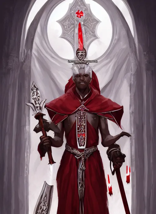 Image similar to a highly detailed illustration of sadistic white haired tanned african priest wearing white robe with red cross design, wielding divine bloody sword, evil smirk, gothic church background, intricate, elegant, highly detailed, centered, digital painting, artstation, concept art, smooth, sharp focus, league of legends concept art, wlop