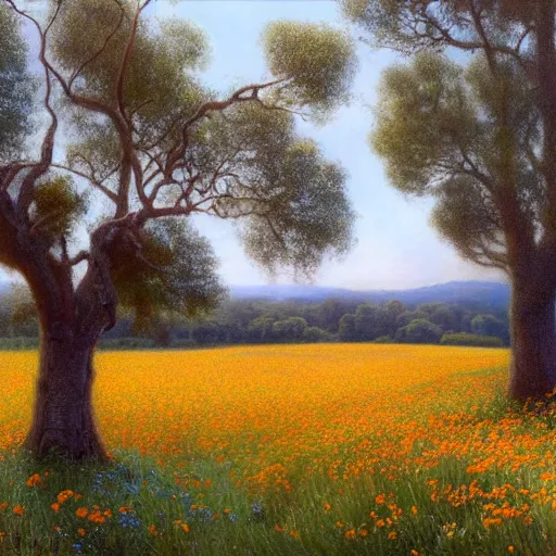 Prompt: a painting of a dirt road surrounded by oak trees and eucalyptus trees and california golden poppies, woodland hill in the distance. an oil painting by Peter Mohrbach and Mark Keathley, featured on deviantart, australian tonalism, pre-raphaelite, impressionism, detailed painting