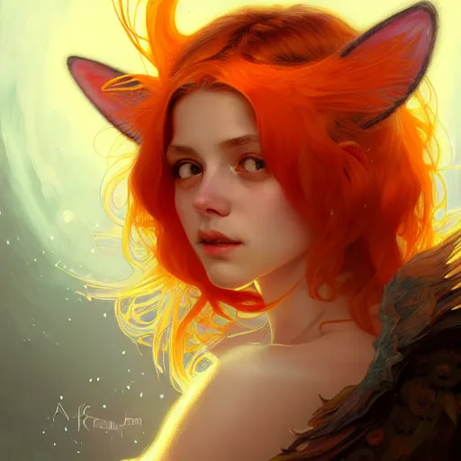 Image similar to Portrait of a girl angel with orange scruffy hair, cat ears, glowing halo, wings, biting her lip, fantasy, intricate, elegant, highly detailed, digital painting, artstation, concept art, smooth, sharp focus, illustration, art by Krenz Cushart and Artem Demura and alphonse mucha