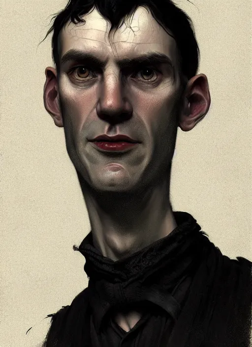 Image similar to portrait of a gaelic man with a crooked nose and a confident expression, 1 9 6 0 s, black clothes, goth, punk, funk, intricate, elegant, highly detailed, digital painting, artstation, concept art, smooth, sharp focus, illustration, art by wlop, mars ravelo and greg rutkowski