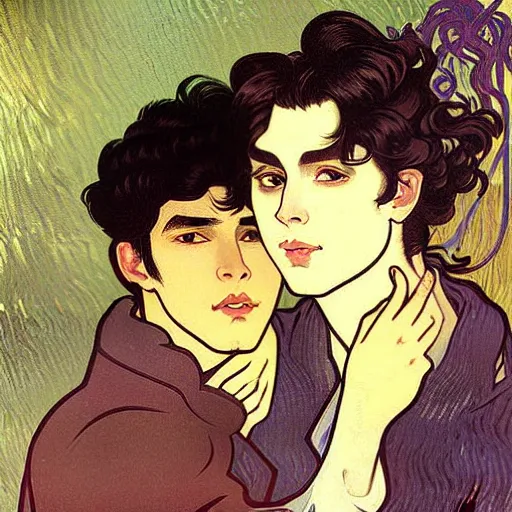 Image similar to painting of young cute handsome beautiful dark medium wavy hair man in his 2 0 s named shadow taehyung and cute handsome beautiful min - jun together at the halloween! party, bubbling cauldron!, candles!, smoke, autumn! colors, elegant, wearing suits!, delicate facial features, art by alphonse mucha, vincent van gogh, egon schiele