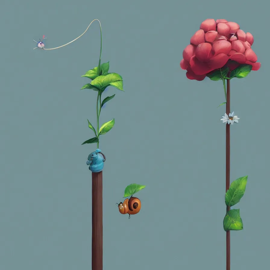 Prompt: Side view of a snail climbing up the pole of the tallest flower in the field, art by Goro Fujita, ilustration, concept art, sharp focus, ArtStation and deviantart